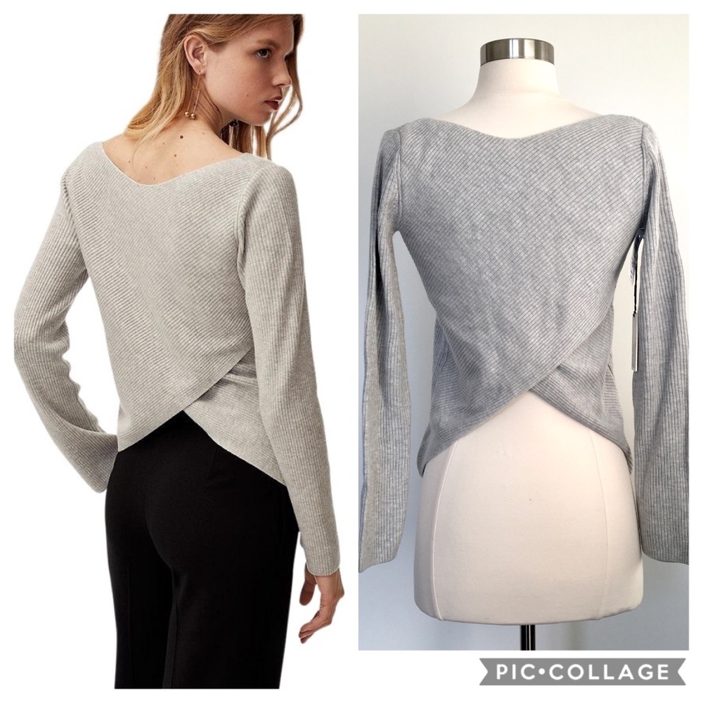 Babaton Kitano Ribbed Wool Blend Cross Back Sweater Boat Neck Heather Light Grey